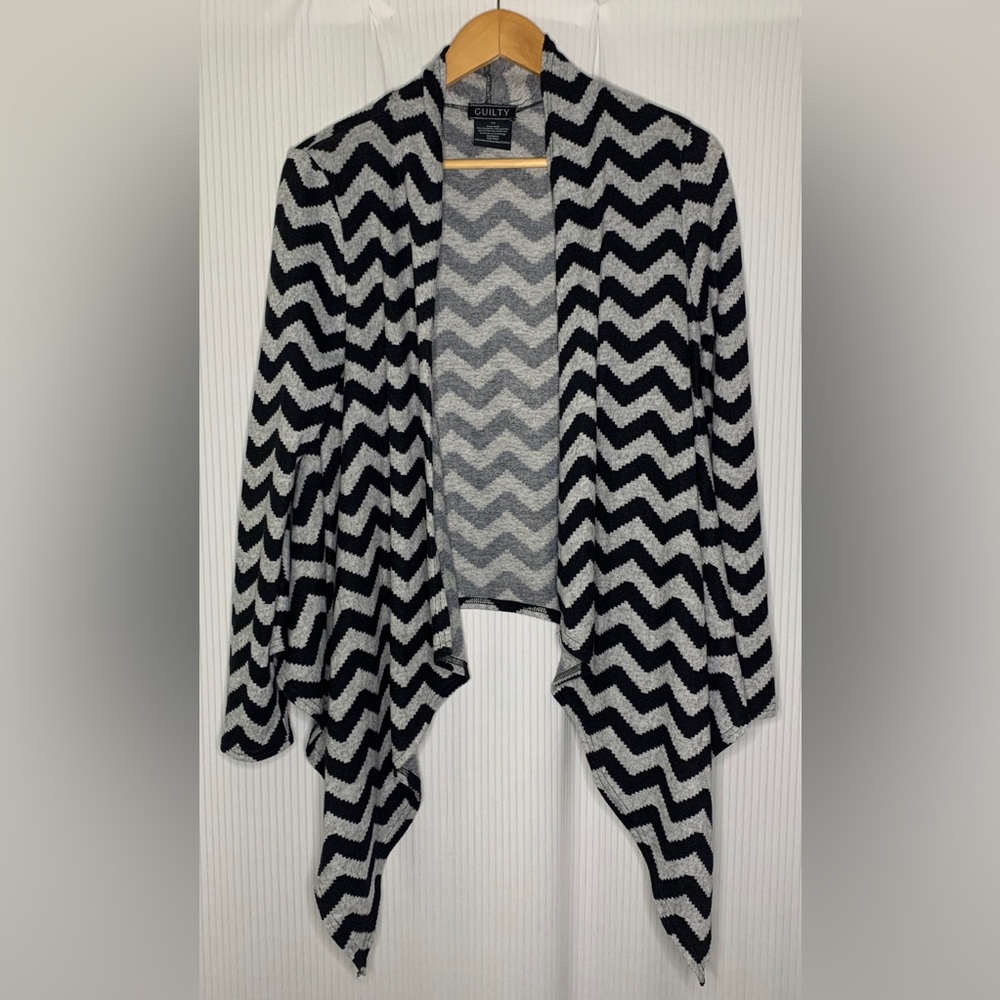 Guilty - Grey And Black Zigzag Pattern Open Front Waterfall Collar Cardigan - S